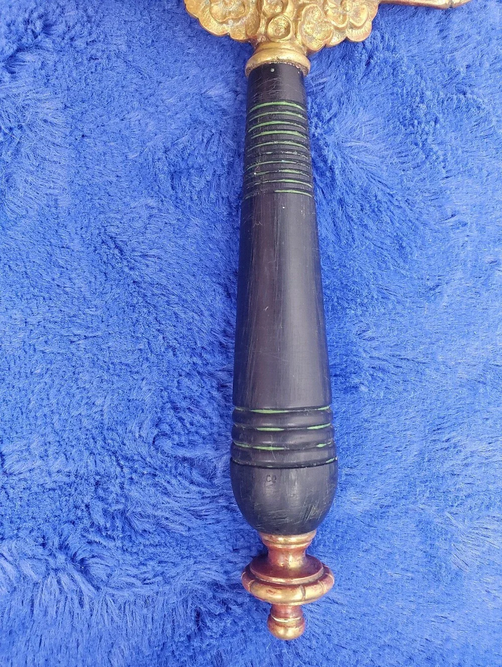 Antique TOWNSHEND 19th Century Ornate Brass Vanity Hand Mirror W/ Ebony Handle